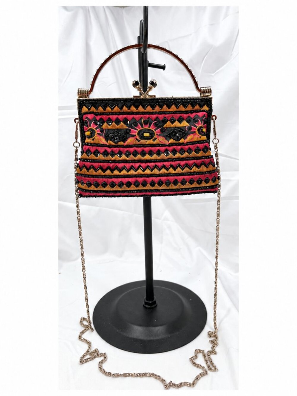Beaded Embroidered Evening Bag Pink Black Gold Rhinestone Handle Chain Clutch